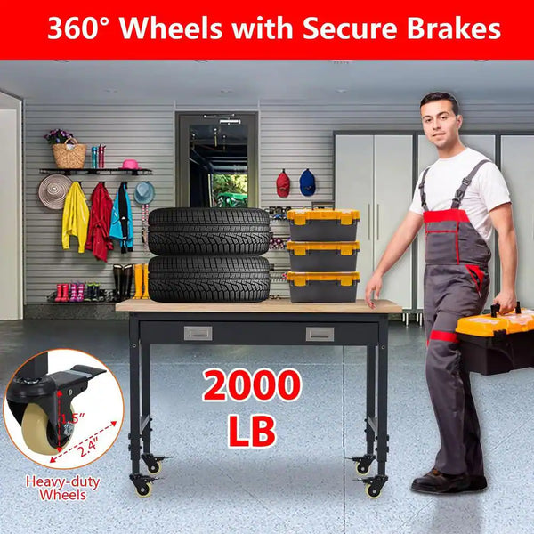 Adjustable Workbench Built for Heavy Duty Tasks, 2000 Lbs Capacity, Rolling Casters, Storage Drawer