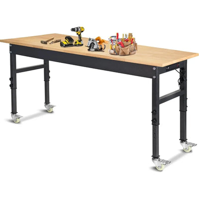 60 Inch Adjustable Workbench, Rubberwood Top Workbench, Heavy Duty Work Table with Power Outlet and Wheels