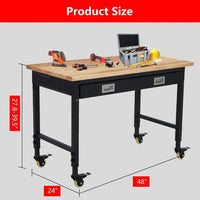 48 In. X 24 In. Adjustable Workbench, 2000 Lbs Capacity Heavy Duty Rubber Wood Table with Drawer & 4 Rolling Casters