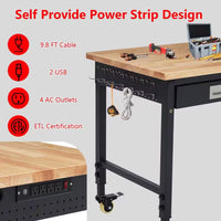 48 In. X 24 In. Adjustable Workbench, 2000 Lbs Capacity Heavy Duty Rubber Wood Table with Drawer & 4 Rolling Casters