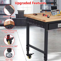 48 In. X 24 In. Adjustable Workbench, 2000 Lbs Capacity Heavy Duty Rubber Wood Table with Drawer & 4 Rolling Casters