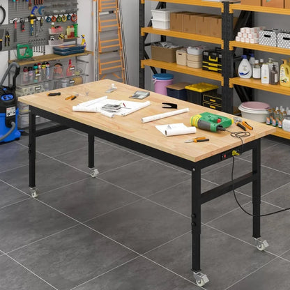 60 Inch Adjustable Workbench, Rubberwood Top Workbench, Heavy Duty Work Table with Power Outlet and Wheels