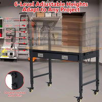 48 In. X 24 In. Adjustable Workbench, 2000 Lbs Capacity Heavy Duty Rubber Wood Table with Drawer & 4 Rolling Casters